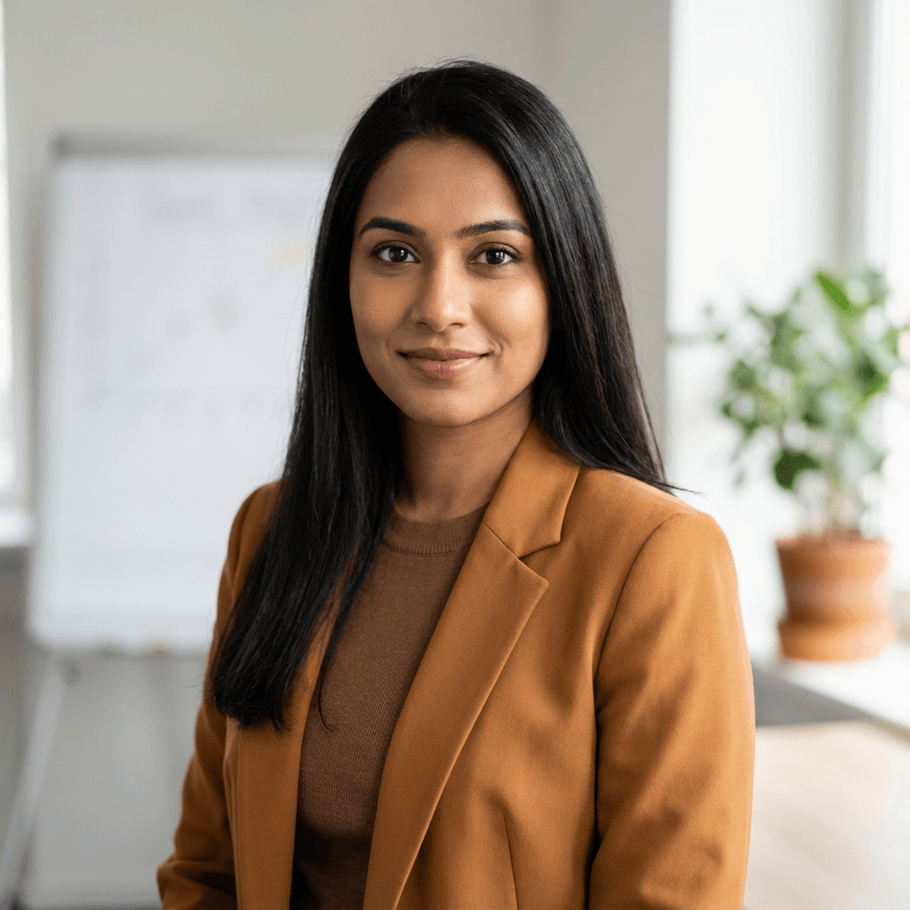 Female buyer in her mid 30s, South Asian, professional analytical demeanor suitable for commercial procurement