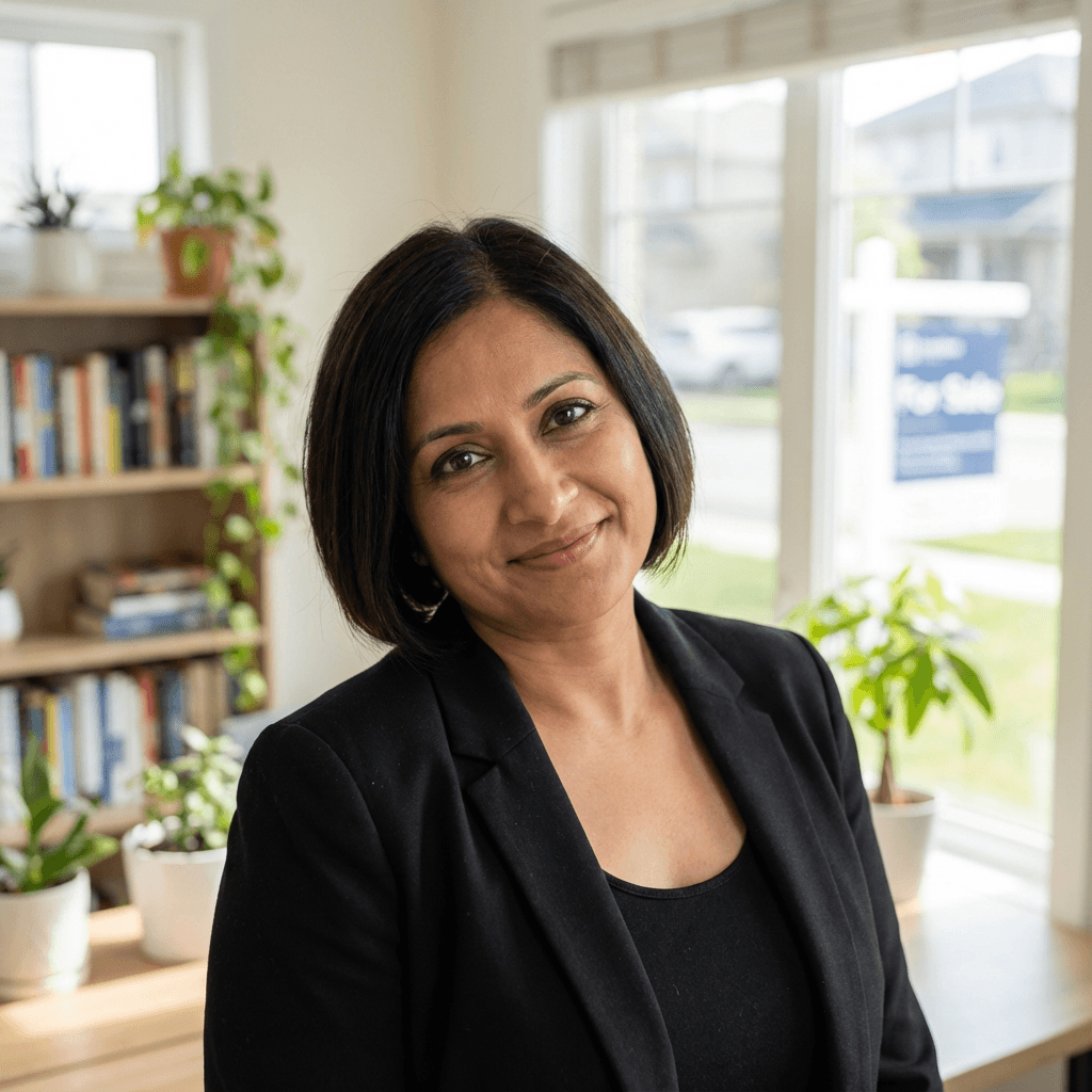 Female operations manager in her early 40s, South Asian, composed professional demeanor suitable for engineering sector