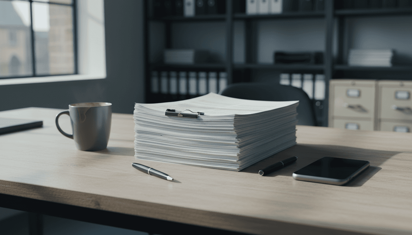 Office desk with company search reports, pen, and smartphone in natural daylight