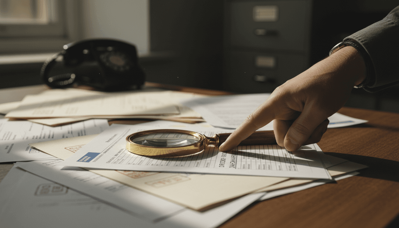 Hand pointing at a line of text on a Companies House printout with a magnifying glass nearby