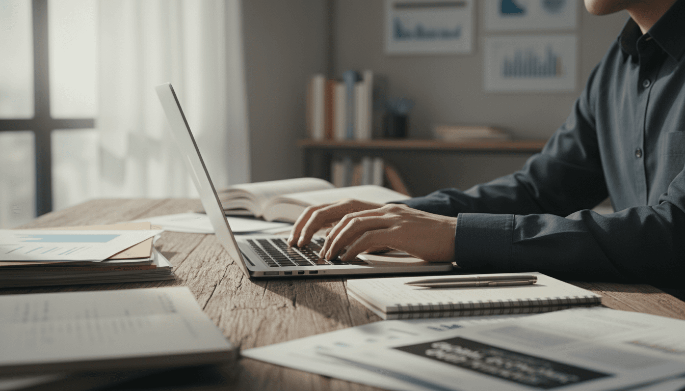Laptop showing company search results with construction documents nearby