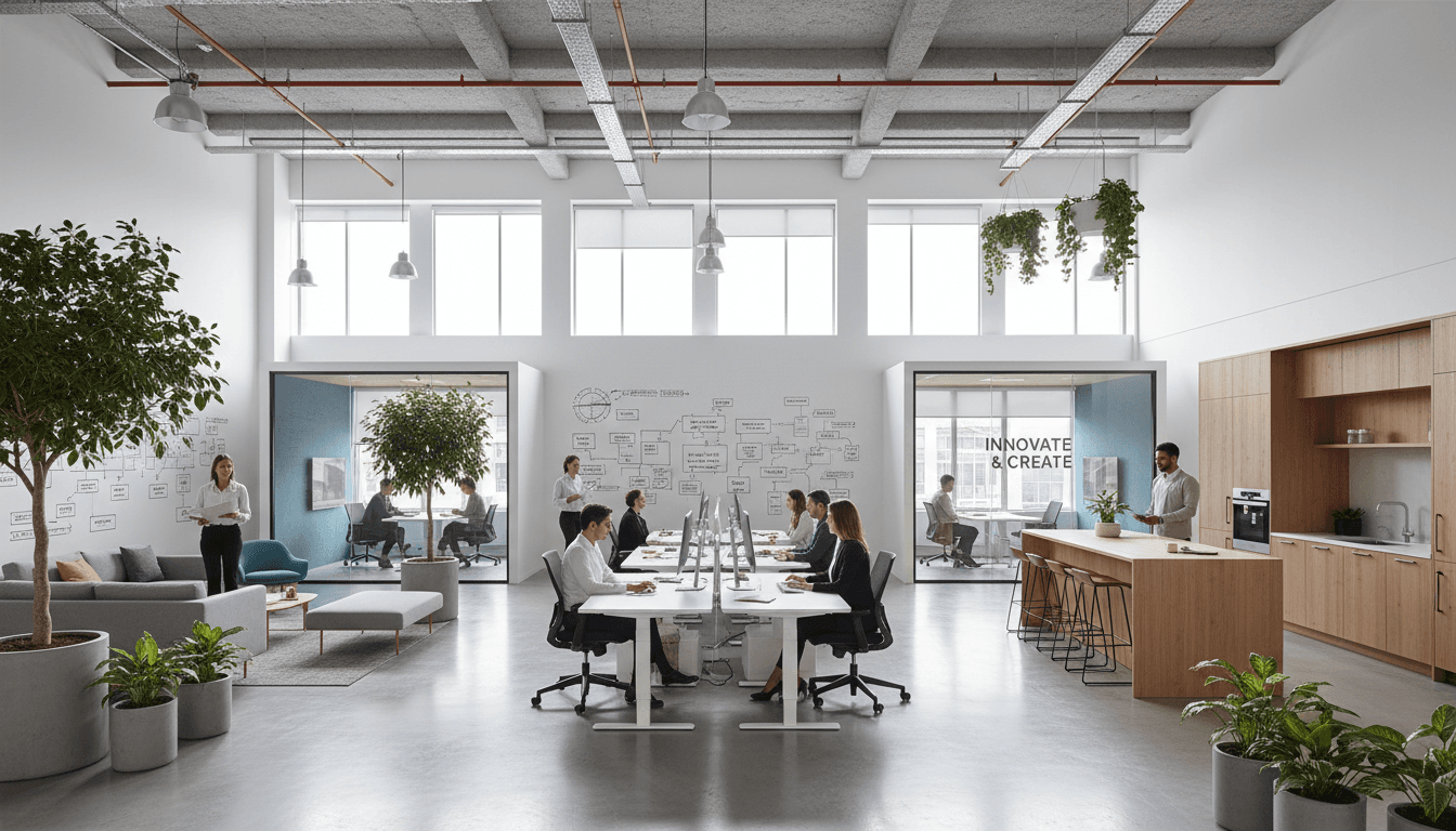 A modern London office reception with a desk and phone, natural light streaming in